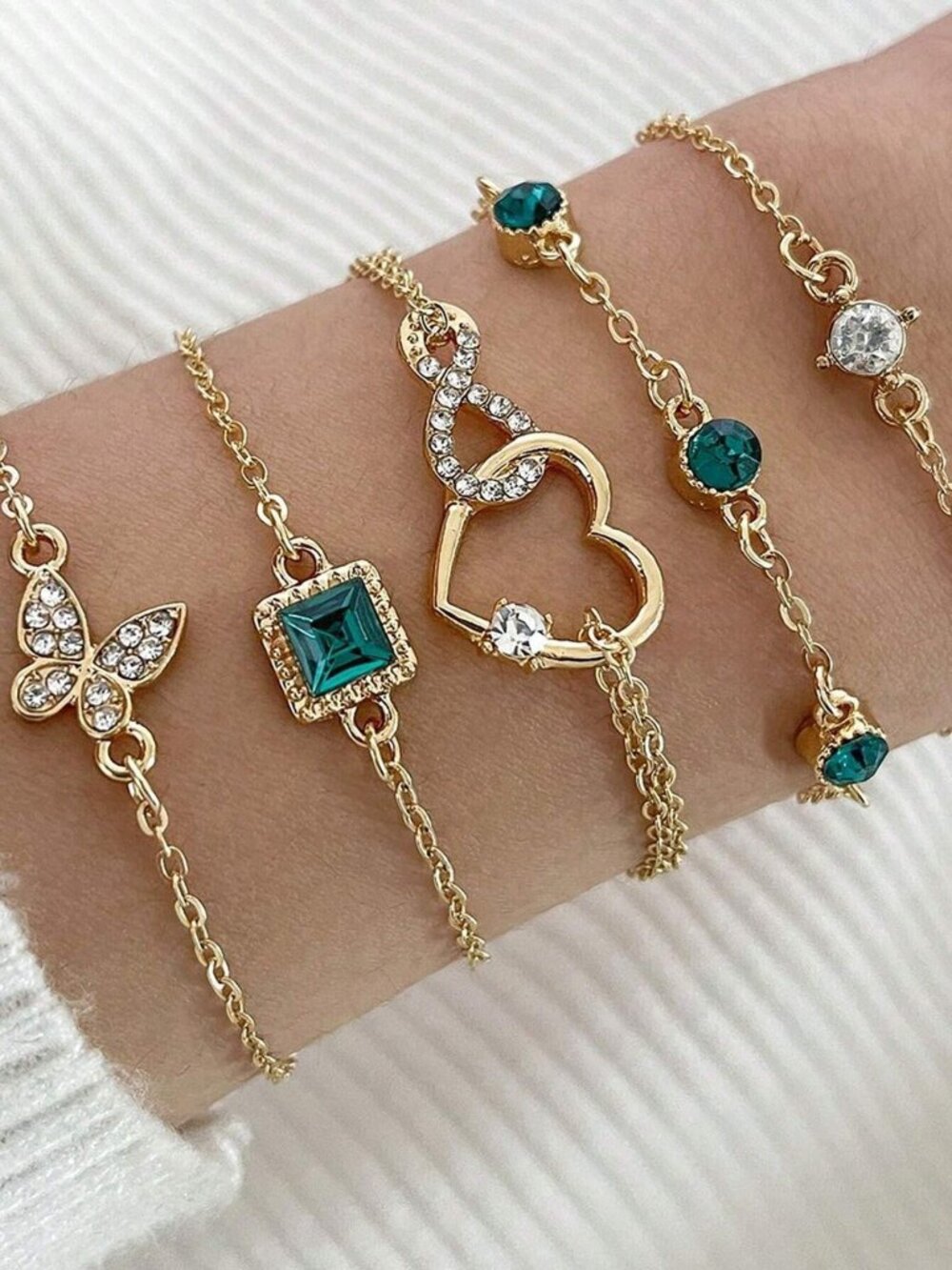 💚 5PC Gold Tone Emerald Green Crystal Heart Butterfly Bracelet Set